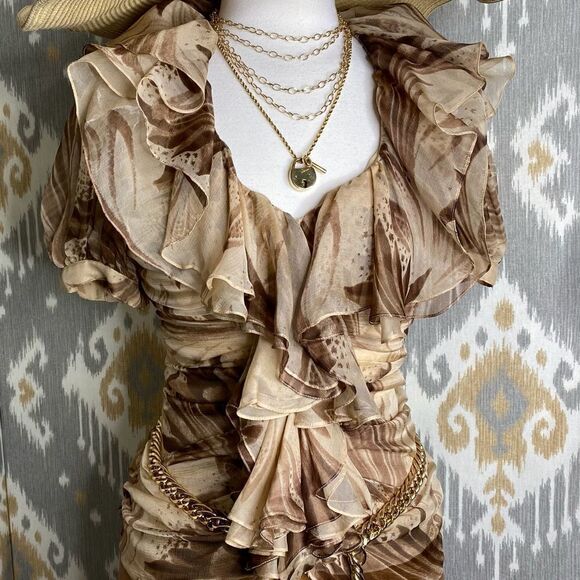 Ralph Lauren Black Label Tops - Ralph Lauren Brown Havana Print Silk Ruffle Blouse